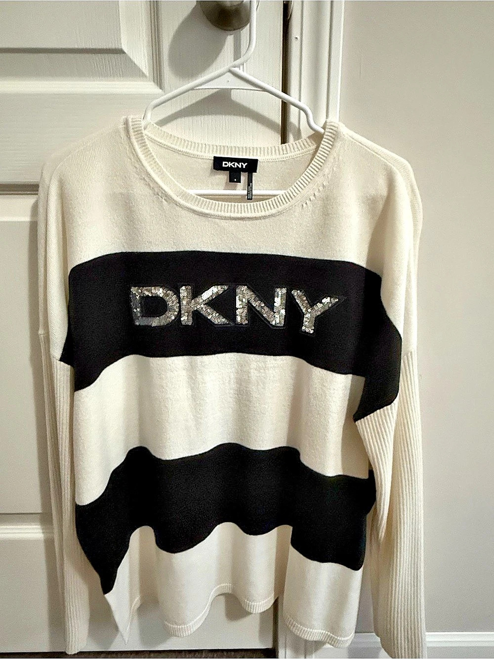 DKNY Sequined Logo Striped Sweater Color Block Size Small